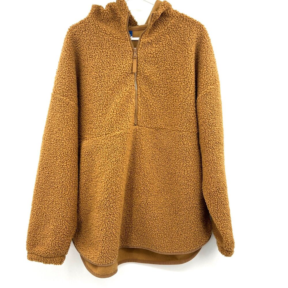 GAP Sherpa Fleece Hoodie Mens L Brown 1/4 Zip Pullover Teddy Sherpa Jacket